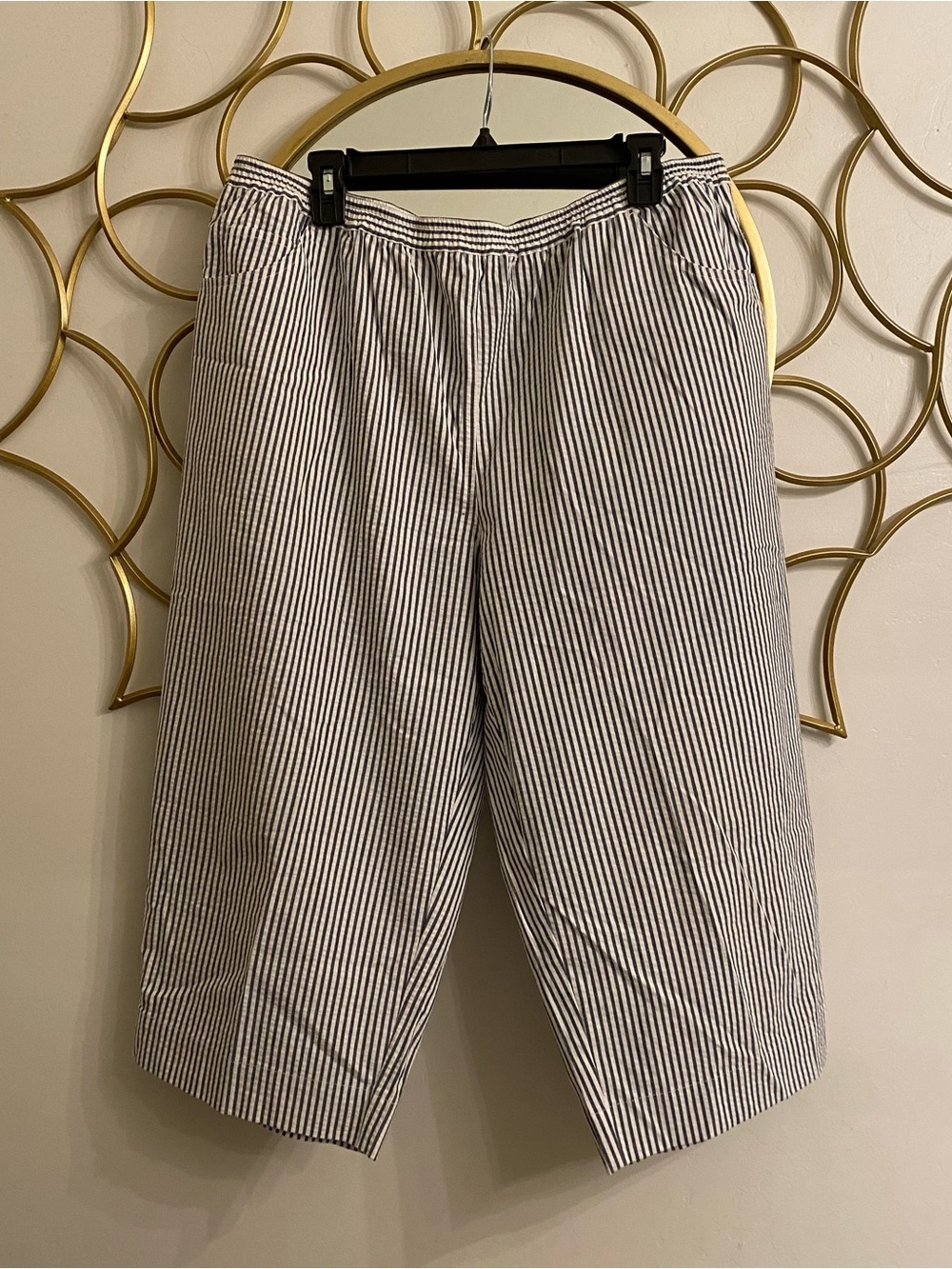 Quacker Factory Blue White Seersucker Stretch Pull On Capri Pants Women’s XL